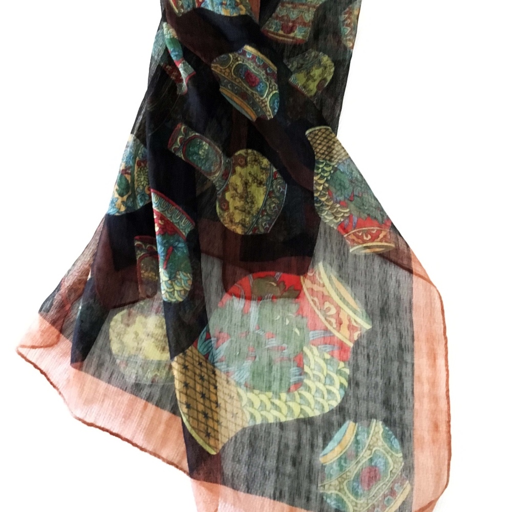 Vintage Long scarf of vases and urns
